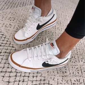 Nike Court Legacy Next Nature White and Black Sneakers with Cognac Trim